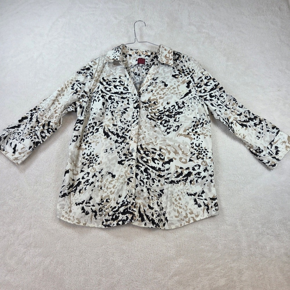 212 Collection Womens Button Down Shirt Abstract Animal Print 3/4 Sleeve Tan Blk